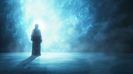 Obraz premium Mystical Person Enveloped in Surreal Blue Light - Spiritual Journey, Abstract Illustration with Mysterious Atmosphere