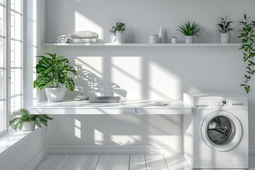 Mockup for design of empty white table in laundry room. ai generative