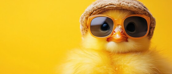 Obraz premium Fluffy chick wearing sunglasses and a cap, bright yellow background, playful vibe