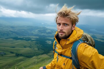 Naklejka premium Hiker pushing against a strong wind on a mountaintop, panoramic view, telephoto lens, dramatic clouds, sense of challenge, windblown hair,