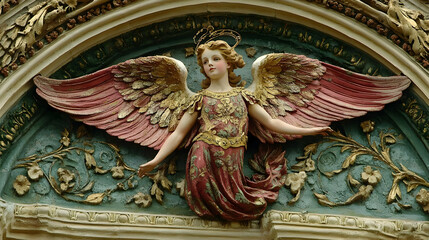 Fototapeta premium Angel Sculpture with Wings and Floral Decor