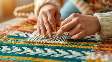 Humble weaver creating a colorful tapestry, traditional loom, medium closeup, skilled hands, intricate patterns, sense of heritage, warm lighting,