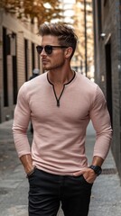 Fototapeta premium American man model wearing long sleeves knitted zip neck tee