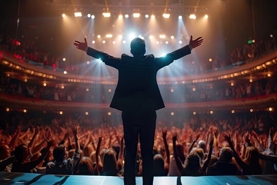 Leader standing confidently before a cheering crowd, powerful pose, wide shot, bright stage lights, sense of influence, motivational speech, vibrant energy,