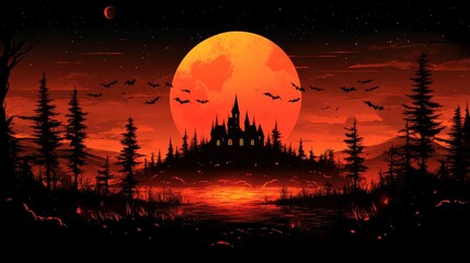 A vector design of a Halloween party invitation, featuring a spooky castle and flying bats