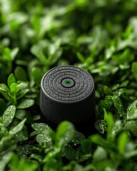 A close-up of a black garden nozzle nestled among lush green leaves, highlighting nature and gardening beauty.