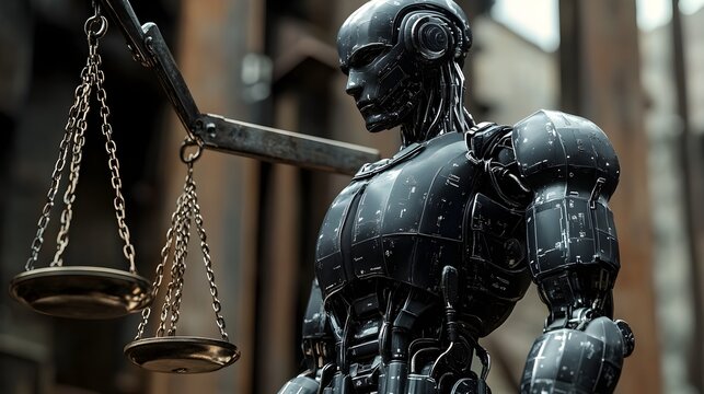 Futuristic robot bound by metallic chains attached to a legal scale, teetering under the burden of justice, emphasizing struggle and oppression