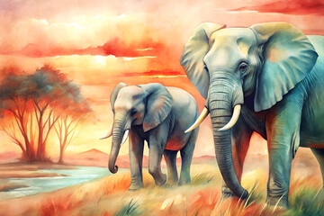 Watercolor Safari Animals at Sunset