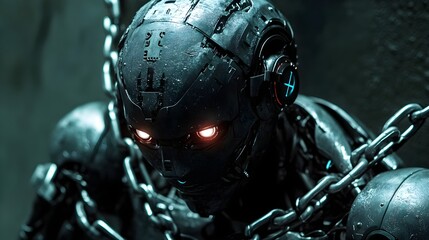Fototapeta premium A humanoid AI robot, bound by heavy, metallic chains, its glowing eyes dimmed, symbolizing the heavy legal consequences of its programming flaws