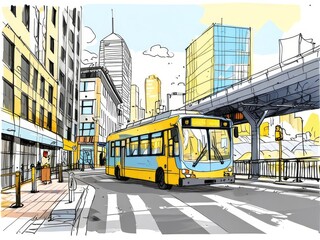 Obraz premium Cityscape with a Public Transportation and Pedestrian