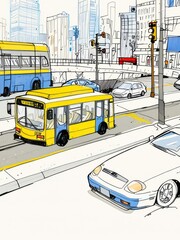 Fototapeta premium Cityscape with a Public Transportation and Pedestrian