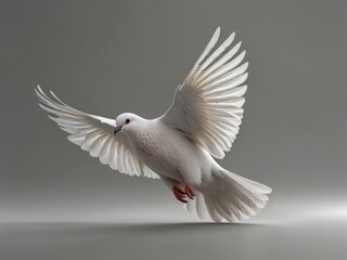 Obraz premium A white pigeon in mid-flight, wings fully spread, displaying intricate feather details against a plain background. AI generated.