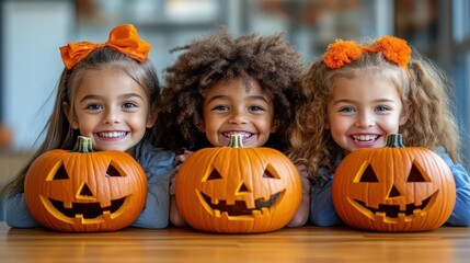 Fototapeta premium Children with Halloween decorations, smiling and having fun, white background