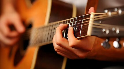 Close up of Hands Playing Acoustic Guitar