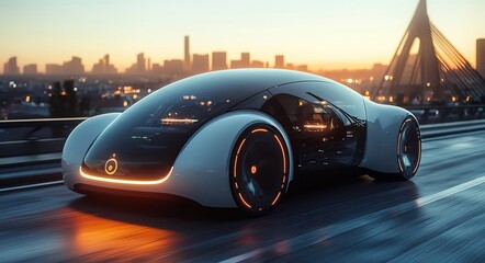 Sleek and modern autonomous concept car driving across a city bridge