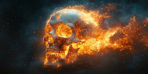 A dramatic flaming skull set against a dark smoky background perfect for Halloween invitations, posters, or themed decorations, with copy space for text integration.