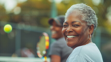 Naklejka premium Senior black woman with orange shirt playing pickleball smiling. Happy old african american retired woman playing tennis with a friend. Representation of elderly people in the fitness industry.
