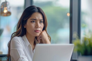 Sad upset business woman at workplace, Hispanic woman disappointed with work results inside office, female worker