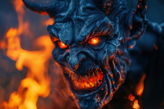 Scary demon monster in hell fire blurred background