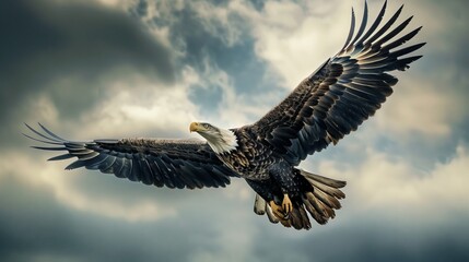 Obraz premium Majestic Bald Eagle in Flight Against a Stormy Sky - Wildlife Photograph of a Soaring Eagle