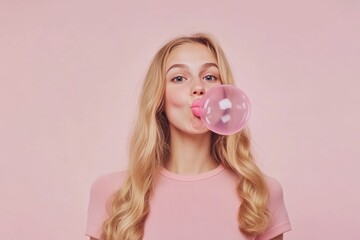 Playful young woman blowing pink bubblegum bubble on pastel background