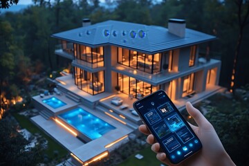 Luxurious modern smart home featuring a swimming pool, controlled via a smartphone app for convenient automation and comfort.