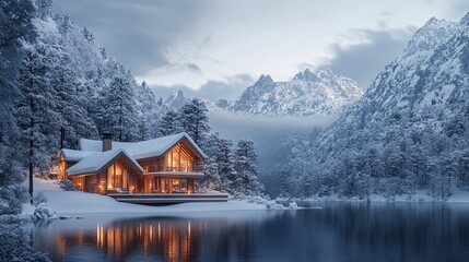A 3D visualization of a cozy cabin nestled in a snowy mountain landscape, creating a sense of warmth and tranquility.