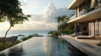 A 3D rendering of a beachfront villa with panoramic ocean views, capturing the essence of luxury and relaxation.