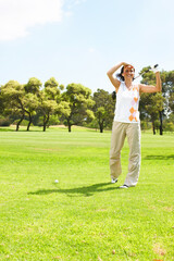 Club, play and woman on golf course with view for outdoor exercise, fitness and challenge in morning. Sports, looking and female golfer on green grass for competition, health and wellness in nature