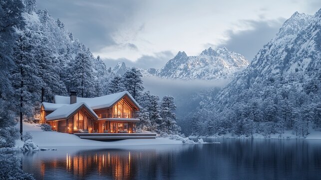 A 3D visualization of a cozy cabin nestled in a snowy mountain landscape, creating a sense of warmth and tranquility.