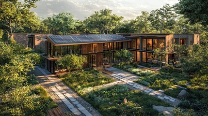 Fototapeta premium A 3D visualization of a sustainable community center, featuring green spaces, solar panels, and rainwater harvesting systems.