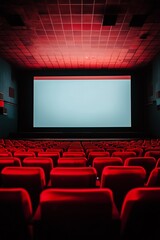Fototapeta premium Dimly lit empty theater featuring a large blank screen and rows of red seats, ready for a movie to start.