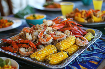 Caribbean seafood boil with shrimp, crab legs, potatoes, and spicy seasoning