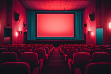 An empty movie theater with vibrant red seats and a blank screen, evoking a sense of anticipation and nostalgia.
