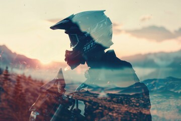 silhouette of a cross moto rider, mountain landscape, Double exposure silhouette with trail path