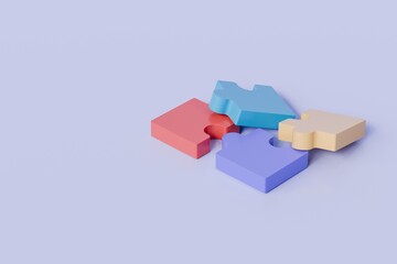 3d jigsaw puzzle piece icon on isolated purple background. Problem-solving idea solution. Teamwork collaboration concept. jigsaw puzzle connecting working together. Minimal jigsaw icon. 3d render.