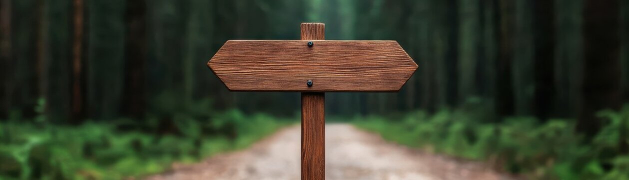 Naklejki A solitary wooden signpost stands on a tranquil forest path, surrounded by lush greenery, inviting exploration and adventure.