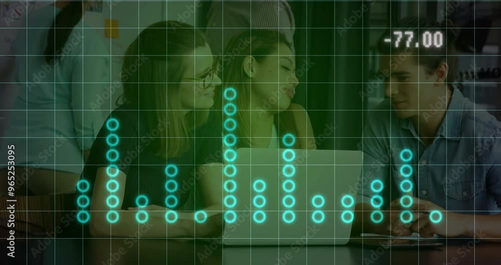 Poster animation of data processing over caucasian colleagues talking in office