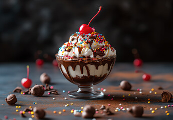 Classic ice cream sundae with chocolate syrup, whipped cream and