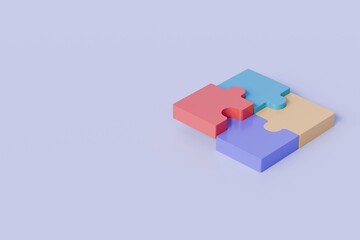 3d jigsaw puzzle piece icon on isolated purple background. Problem-solving idea solution. Teamwork collaboration concept. jigsaw puzzle connecting working together. Minimal jigsaw icon. 3d render.