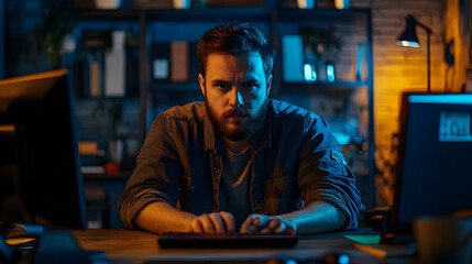 Focused Programmer Working Late: A Photo of Concentration and Coding