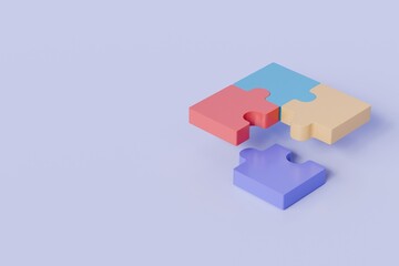 3d jigsaw puzzle piece icon on isolated purple background. Problem-solving idea solution. Teamwork collaboration concept. jigsaw puzzle connecting working together. Minimal jigsaw icon. 3d render.
