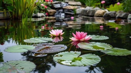 A serene pond with water lilies and soft reflections