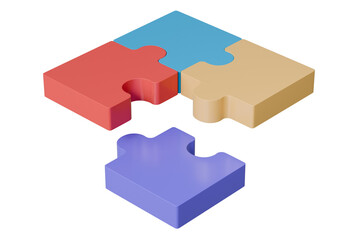 Obraz premium 3d jigsaw puzzle piece icon on isolated purple background. Problem-solving idea solution. Teamwork collaboration concept. jigsaw puzzle connecting working together. Minimal jigsaw icon. 3d render.