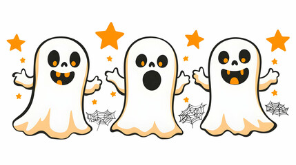 Obraz premium Cute Cartoon Halloween Ghosts with Stars and Spider Webs