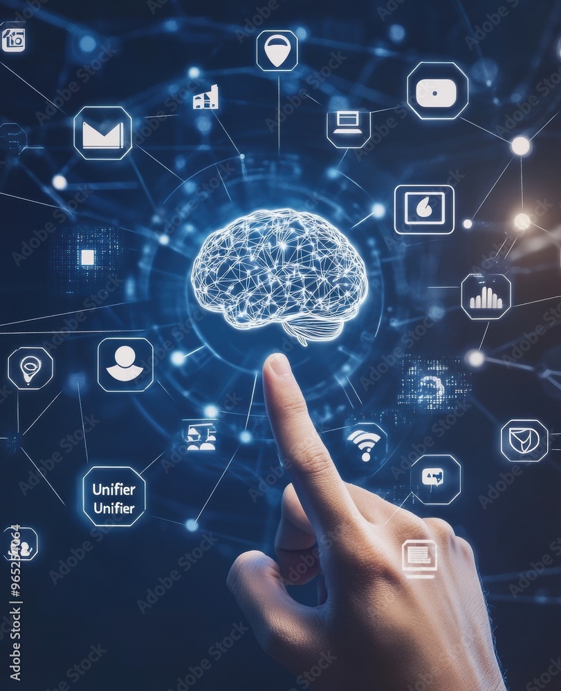 Aufkleber futuristic interface with virtual social media icons and brain symbol, representing artificial intel