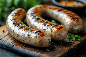 Grilled Sausages on Wooden Cutting Board with Herbs