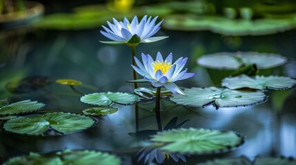 A serene pond with water lilies and soft reflections