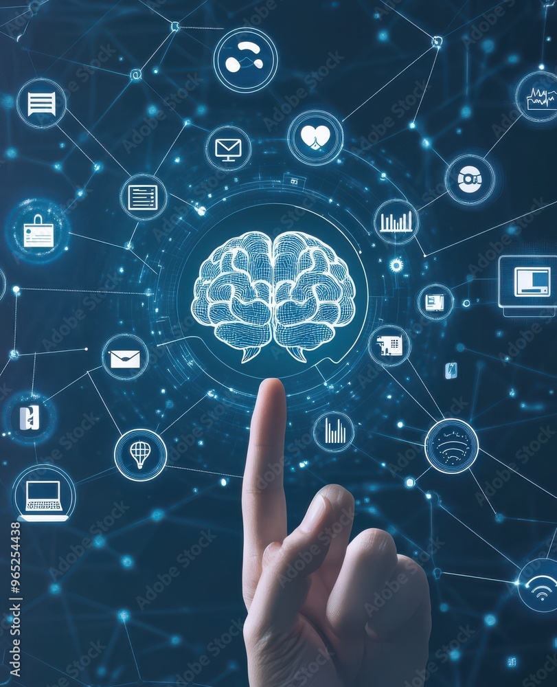 Poster hand pointing at digital interface with social media icons and technological concepts in a futuristi