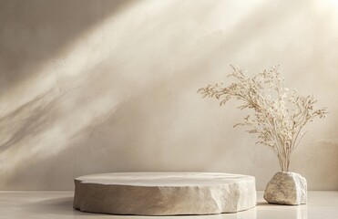 podium stone background rock product display pedestal 3d platform cosmetic scene white abstract stand stage mockup minimal nature beige flower studio gray beauty texture brown empty skin neutral dry 